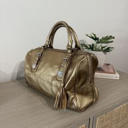 Vince Camuto Gold Bronze Leather Shoulder Purse with Silver Buckles & Tassel Accent (Pacific Beach)
