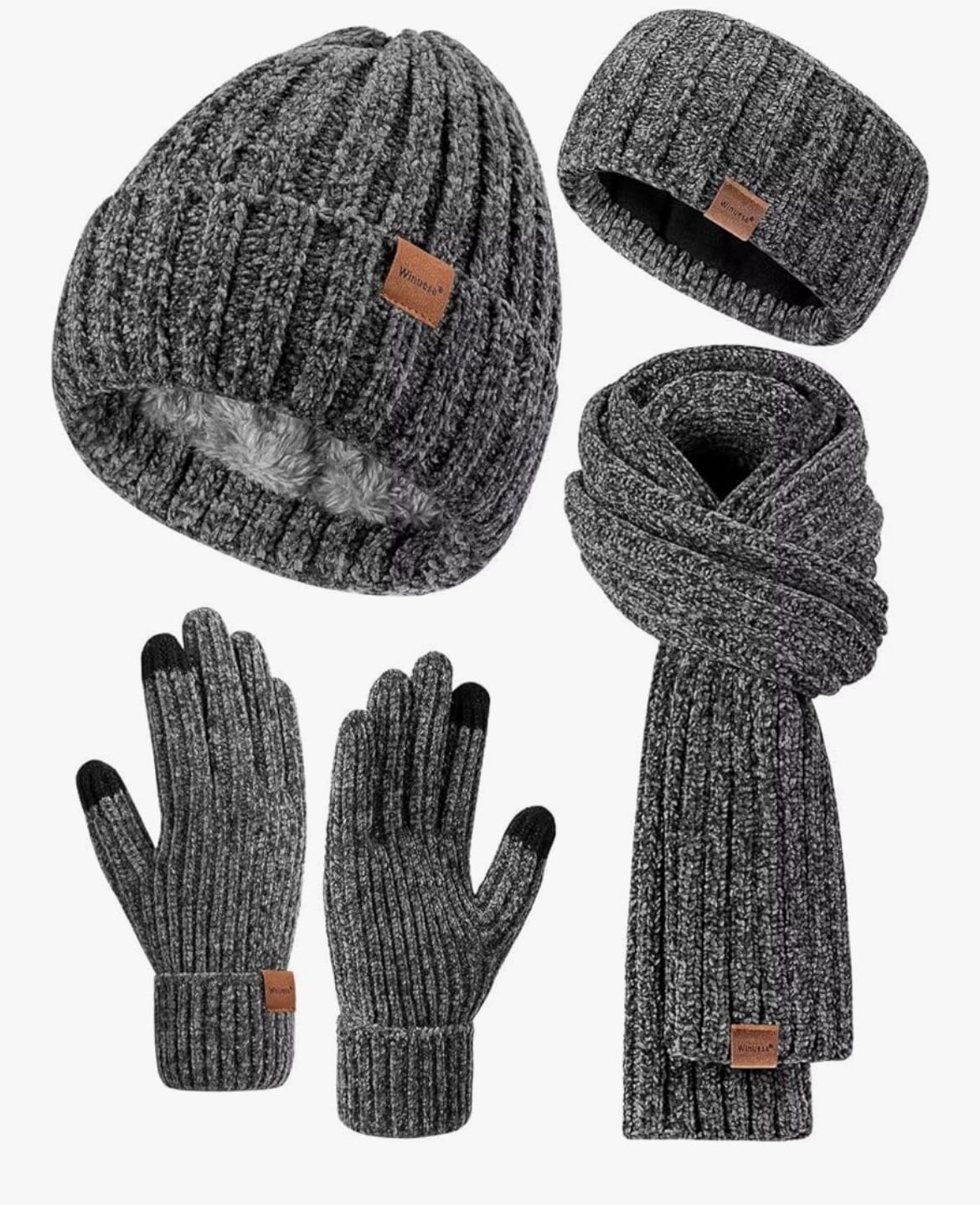 Brand: Winuesa Women Beanie Chenille Winter Hats Fleece Lined 4 Gift Set Beanie Scarf Gloves Headband Set, Ear Warmer, Knit Scarf, Touchscreen Gloves.