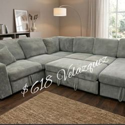 ✅️✅️4 pc Grey  Color  corduroy fabric sectional sofa with storage chaise and love seat and pop up sleep area in center USB charging✅️✅️✅️