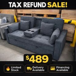 70"W Dark Gray Woven Fabric Convertible Sleeper Loveseat with Dropdown Console, Cup Holders, Charging Ports, Pocket, and Pocket Coil Seating 