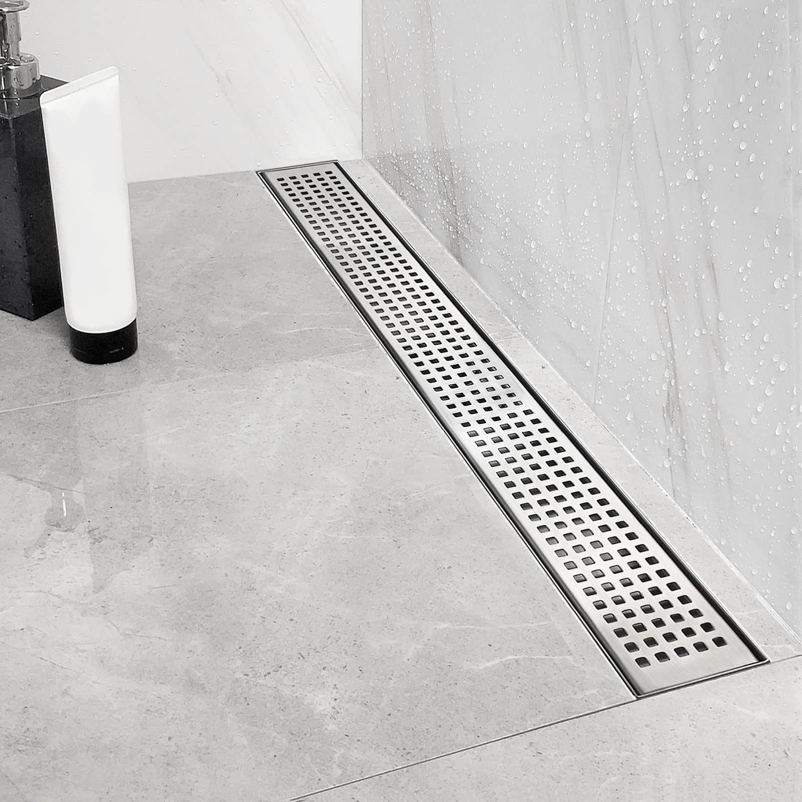 Neodrain 24-Inch Linear Shower Drain with Quadrato Pattern Grate,Brushed 304 Stainless Steel Rectangle Shower Floor Drain,Linear Drain with Leveling F