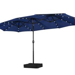 15ft Large Patio Umbrella with Solar Lights, Double-Sided Rectangular Umbrella with 36 LED Lights/Base Included/Crank for Patio, Garden, Pool, Navy 