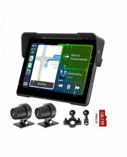 Motorcycle Wireless CarPlay Android Auto 7” Touch Screen, Dual Bluetooth, 64GB, Front Rear Dash Camera, IP68 Waterproof
