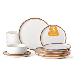 Lareina Plates and Bowls Set, 12 Pieces Farmhouse Ceramic Dinnerware Sets