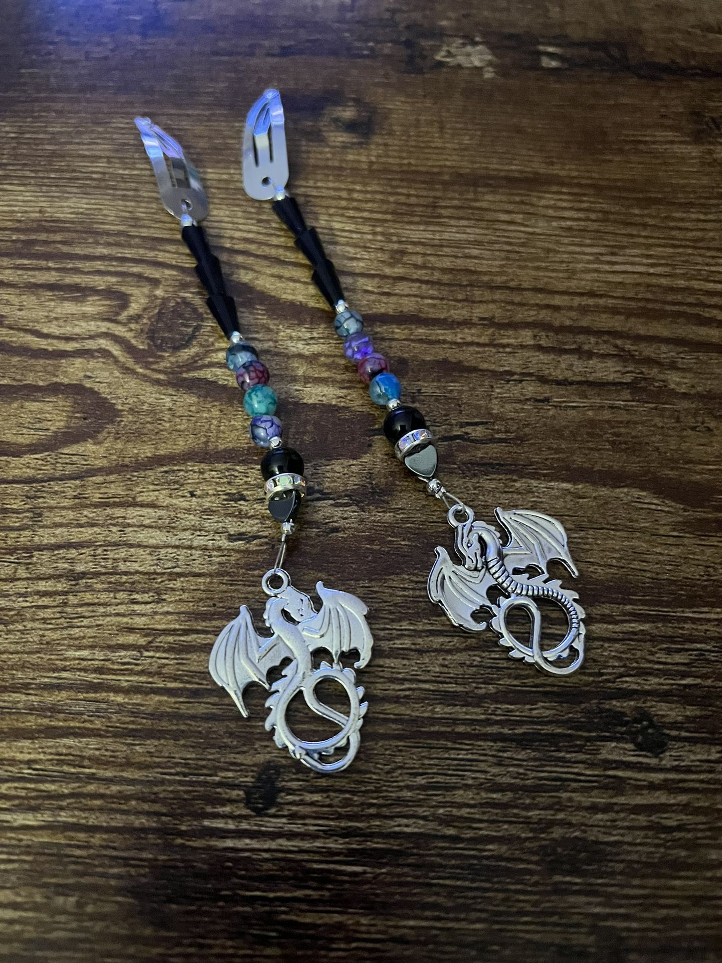 Silver Hair Clips With Beads And Dragon Charms 