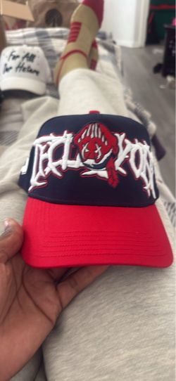 Navy and Red Snapback Hat with Graphic Embroidery