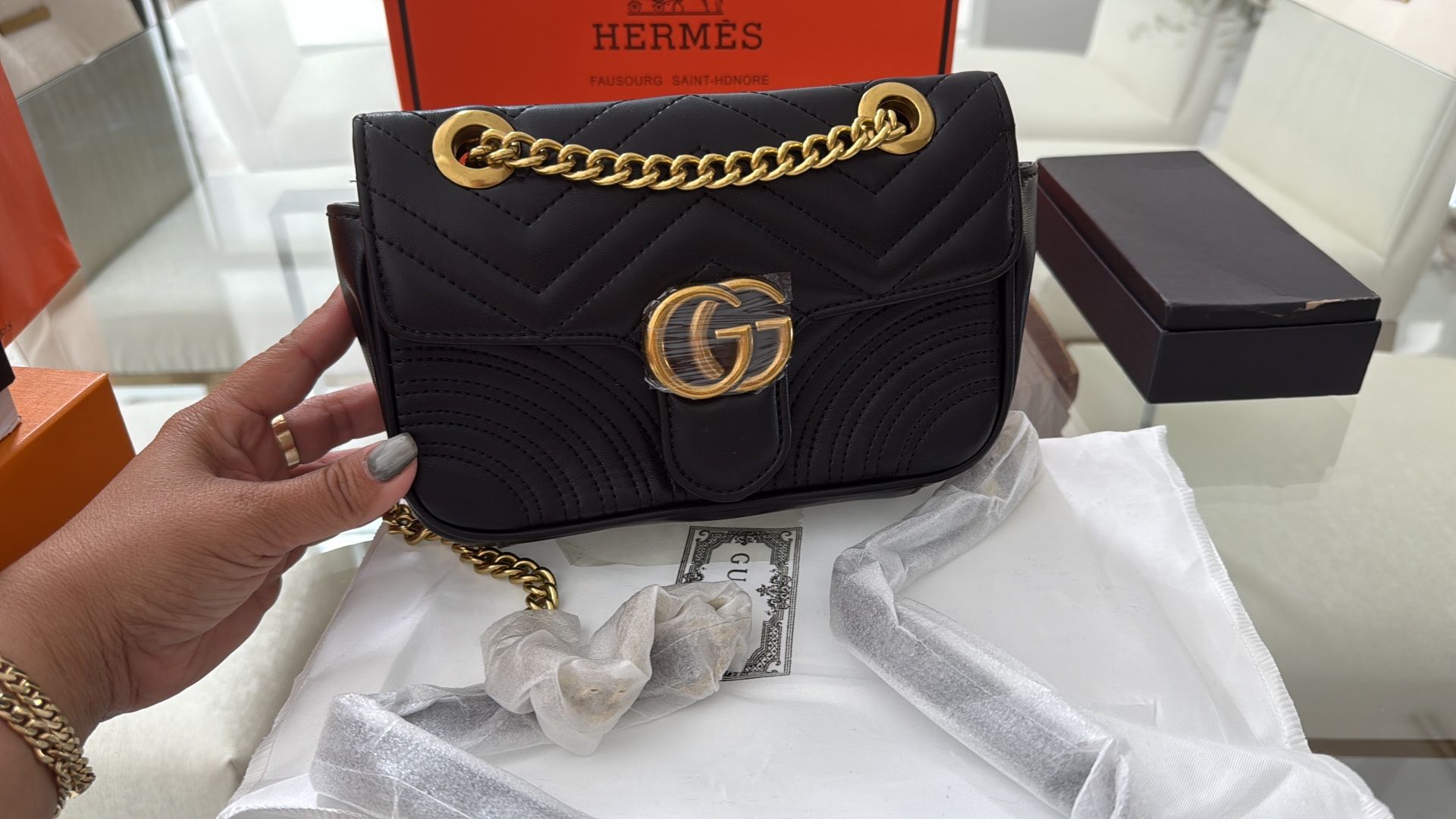 Beautiful Black Handbag with Gold Chain - New