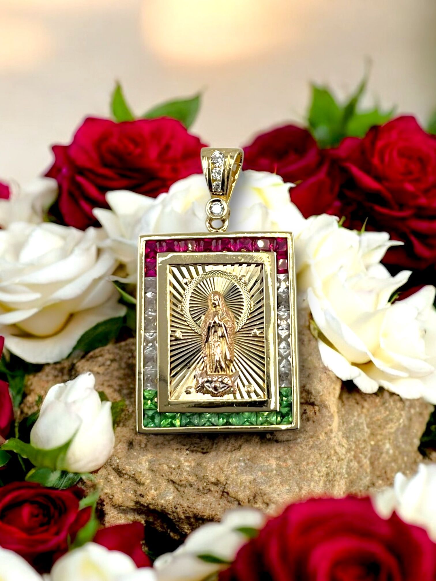 14kt 17.60g Tri Color Gold with Princess Cut Red/Green/Clear Stones Religious Pendant.