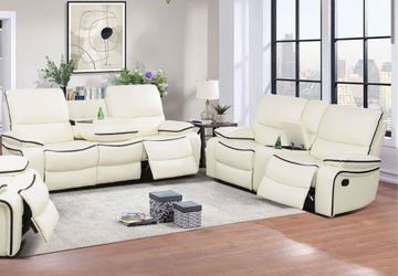 White leather fully reclining couch and love seat
