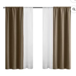 Mainstays Solid Twill Blackout Curtain Panel and Sheers, Set of 4, Brown Bag, 27.5" W x 63" L