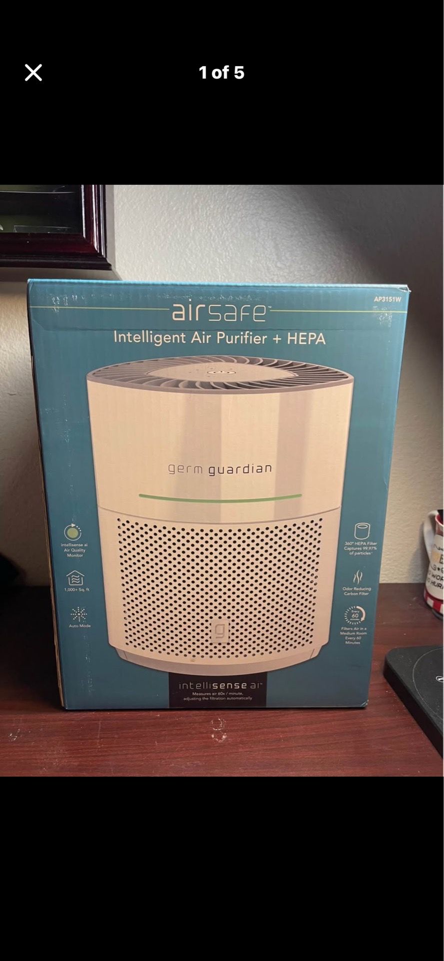GermGuardian Airsafe Intelligent Air Purifier, Air Quality Sensor, 1080 Sq HEPA