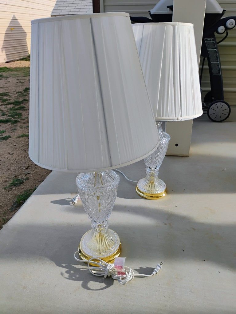 Pair Vintage Tall Table Lamps Brass Glass Crystal