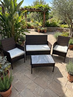 NEW NEWBULIG 4-Piece Wicker Patio Furniture Set, Glass Coffee Table All-Weather PE Rattan