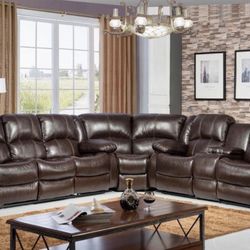 Brown Leather 3pc Sectional W/ Reclining Seats $1600