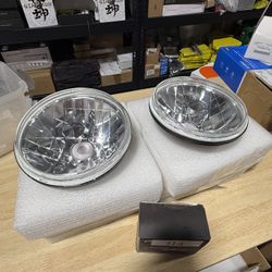 Universal Round Glass Crystal Clear Headlights Diamond Style W/ H4 Bulbs