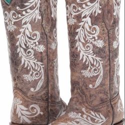 ANDCRAFTER CORRAL BOOTS ,SHINY BROWN CORRAL LEATHER BOOTS WESTERN COWGIRL FOR WOMEN Size :7.5