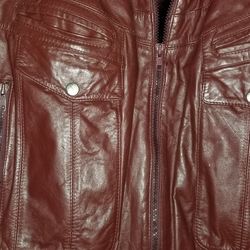 BERMAN'S MEN'S FINE 100% LEATHER JACKET COAT BURGUNDY DK BROWN w/ ZIP OUT LINING SIZE 46 EUC LIKE NEW 6 OUTER FRONT POCKETS 2 INSIDE POCKETS