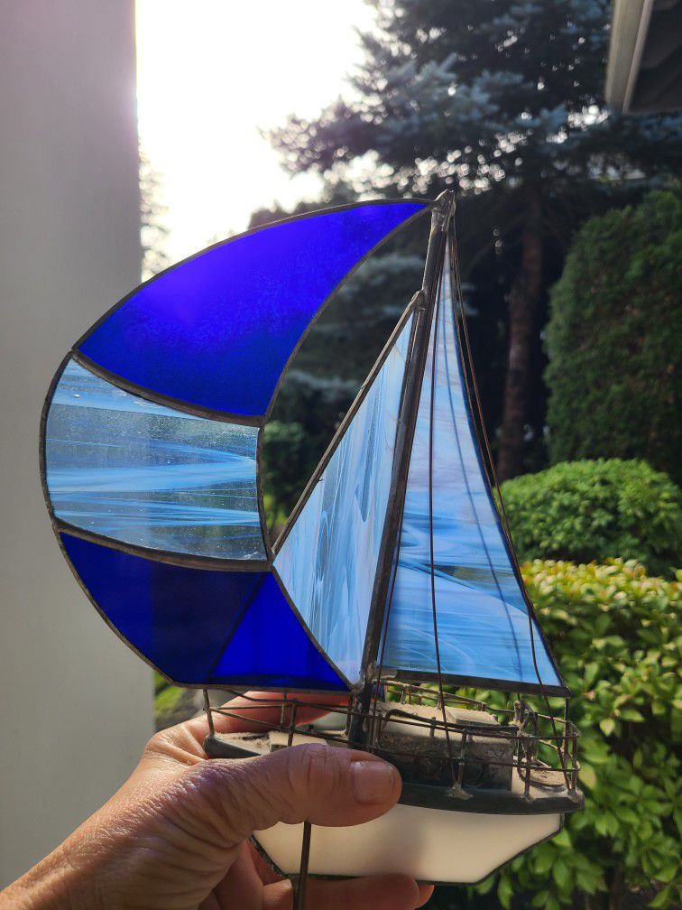 Vintage Stained Glass  Sailboat Sculpture Blue Metal Figurine  White 10.5” Ocean Marine