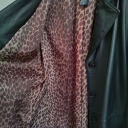 INC Black Leather Leopard Inside Floor Length Coat