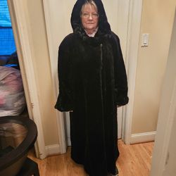 Jones New York Black FauxFur Long Coat Sleeve/Hooded Evening Overcoat Size XL With Pockets