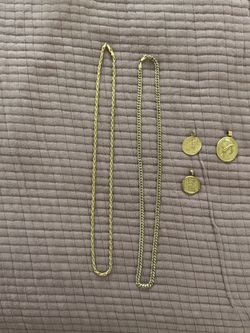 Bronze patina Greek pendants and gold plated sterling silver chains