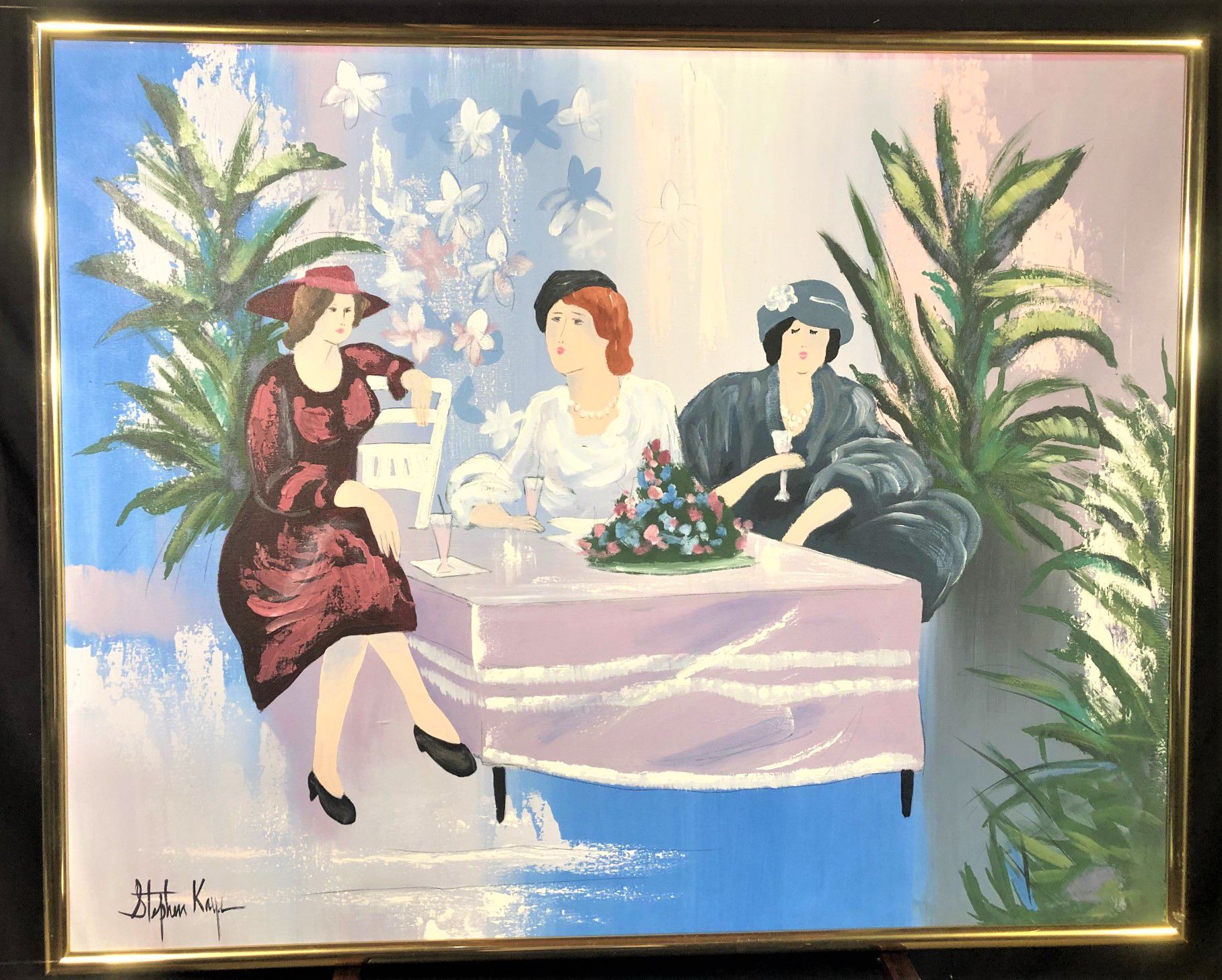 STEPHEN KAYE – ORIGINAL OIL PAINTING ON CANVAS – LADIES AT AN OUTDOOR CAFE – SIGNED WITH GOLD FRAME – 52” x 42”