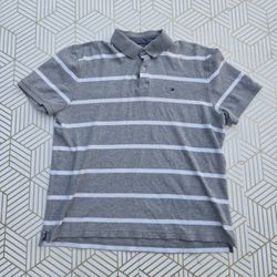 Tommy Hilfiger Men's Striped Polo Shirt Gray White Size Large Logo Embroidered Retro Y2K