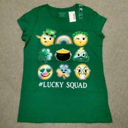 BRAND NEW WITH TAG GIRL'S ST. PATRICK'S DAY IRELAND EMOJI #LUCKY SQUAD GREEN SHORT SLEEVE T-SHIRT SIZE L 10-12