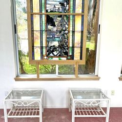 Pair of White Vintage Bamboo Rattan End Tables, Glass Tops and Magazine Rack