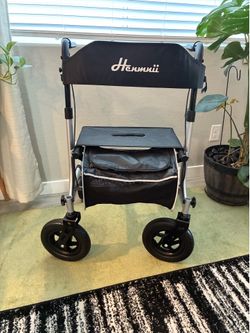 Henmnii Rollator Walker with seat for Seniors, All Terrain Walker with 10inch Front Rubber Wheels, Lightweight Foldable Aluminum Walkers