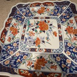 Beautiful Imari Porcelain Square Platter with Flowers & Birds Design, Marked with blue character 