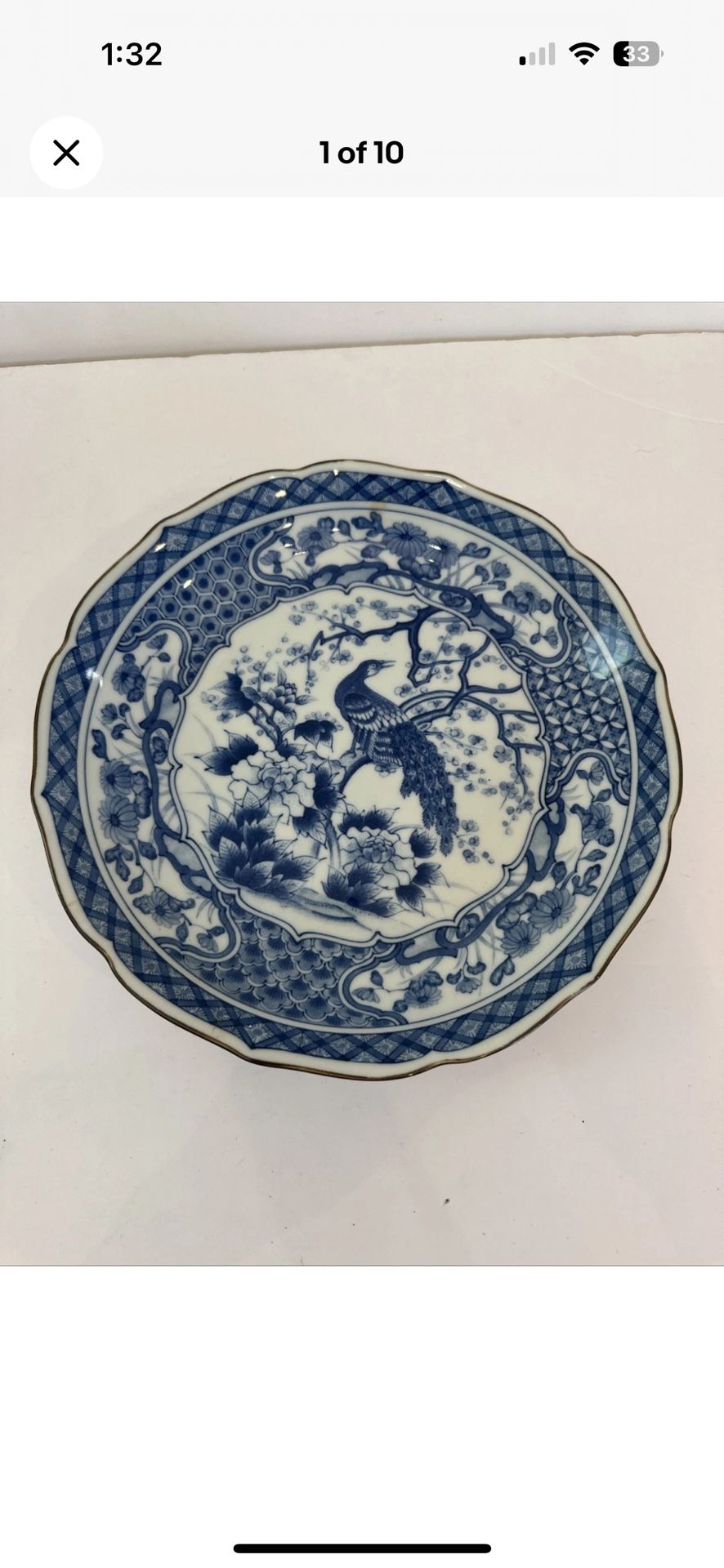 Antique Japan Japanese Blue & White Porcelain Bowl signed 10”