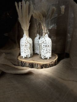 Lace Covered Glass Vases With Dry Grasess