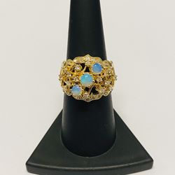 Vintage 14K Yellow Gold Diamond & Australian Opal Dome Cluster Ring