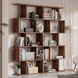 Set of 2 Geometric Bookcase, S-Shaped Modern Bookshelf, Room Divider Bookshelf, 62" Tall Unique Abstract Bookcase with 5-Tier Display Shelf 