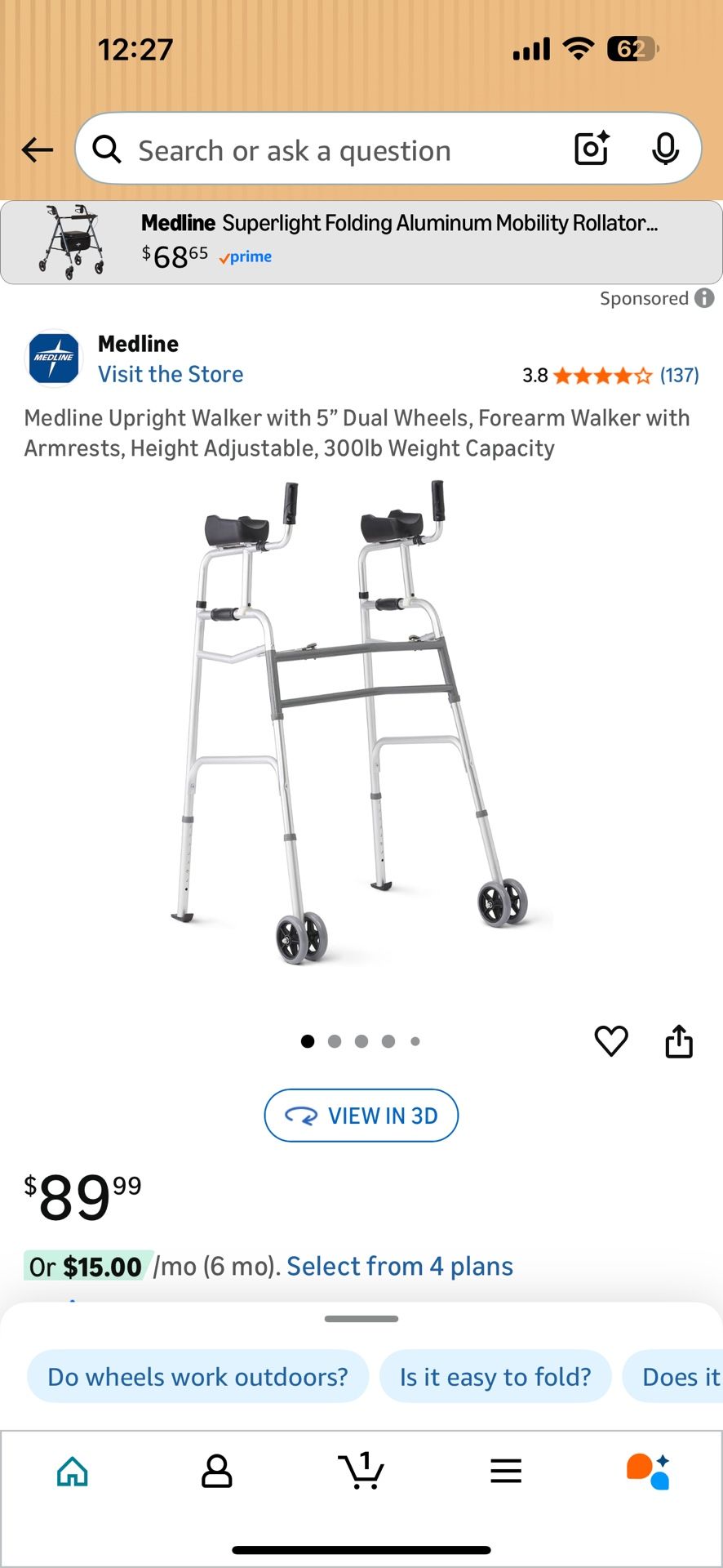 Medline Upright Walker with 5" Dual Wheels, Forearm Walker with Armrests, Height Adjustable, 300lb Weight Capacity