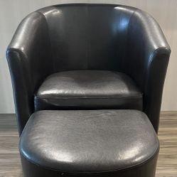 “Black Leather Barrel Chair with Ottoman – Excellent Condition”