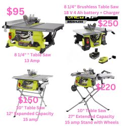 18v Table Saw brushless And Corded 8 1/4” To 10” Table Saw Ryobi 