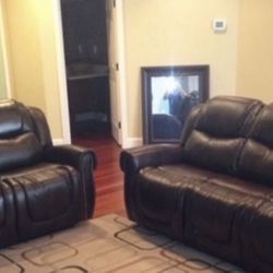 Brown Leather Fully Reclining Couch And Love Seat