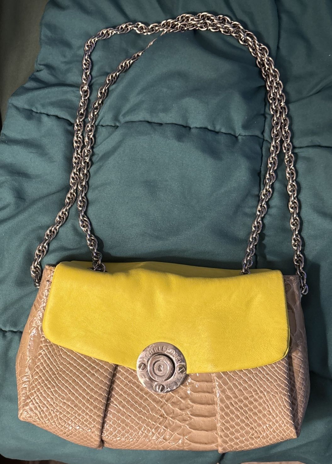 Henri Bendel Cross Body Bag Chain Reptile Pattern Lime Green And Gray