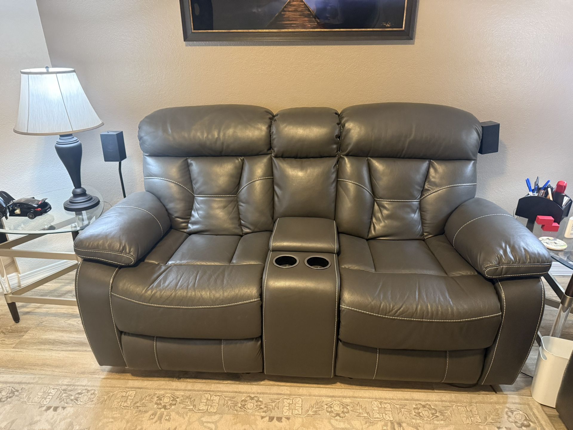 Gray Leather Power Recliner Loveseat