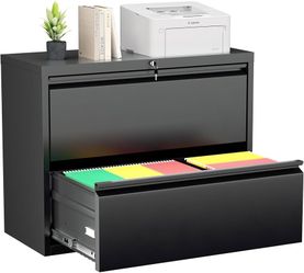 2 Drawer File Cabinet, Black Metal Lateral File Cabinet with Lock, Office Filing Cabinet for Legal/Letter/A4/F4 Size with Hanging Files&Key, Lockable