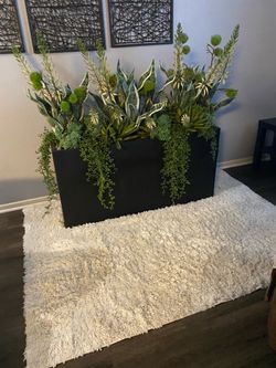 Large Black Planter Box with Faux Plants