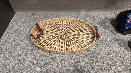 Round Woven Rattan Tray with Leather Handles