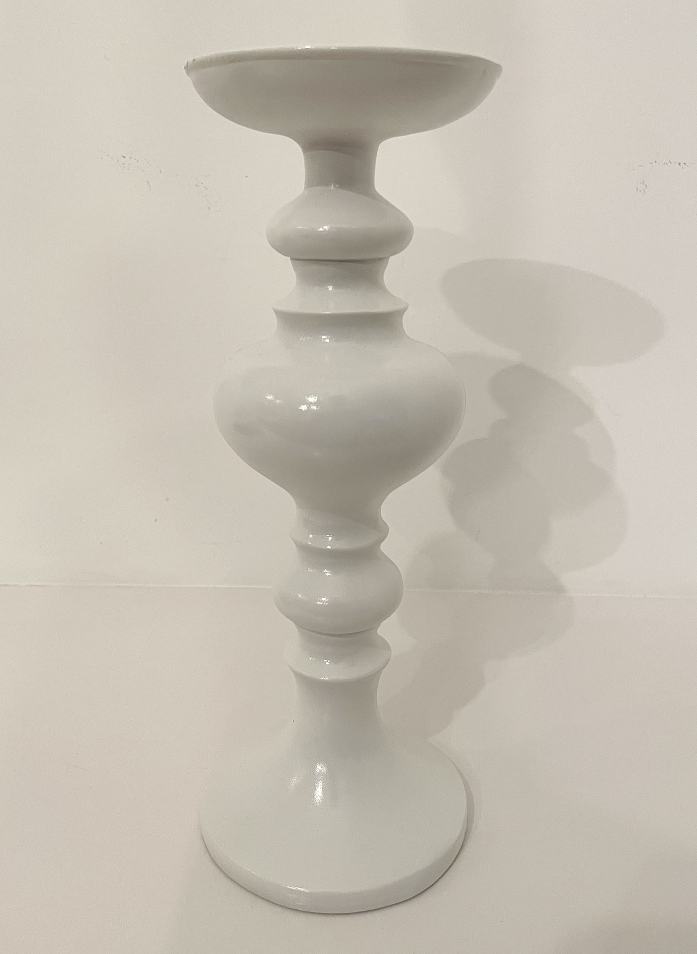 Large White Candleholder Pillar Holder Wooden - 11.5” tall x 4.5” base