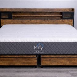 Newer King Puffy Lux Hybrid 12" Mattress and LED Storage Bed Frame
 w/ USB