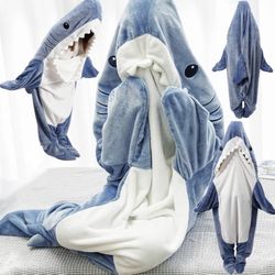 Shark Blanket Hoodie Onesie for Adult & Kid, Wearable Shark Sleeping Bag, Soft Cozy Onesie Costume