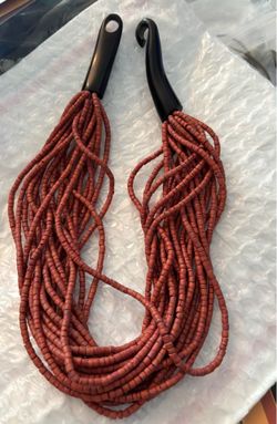 Vtg Red Burnt Orange 20 Strand Multistrand Beaded Ethnic Boho Necklace Horn Hook possible coral or bone