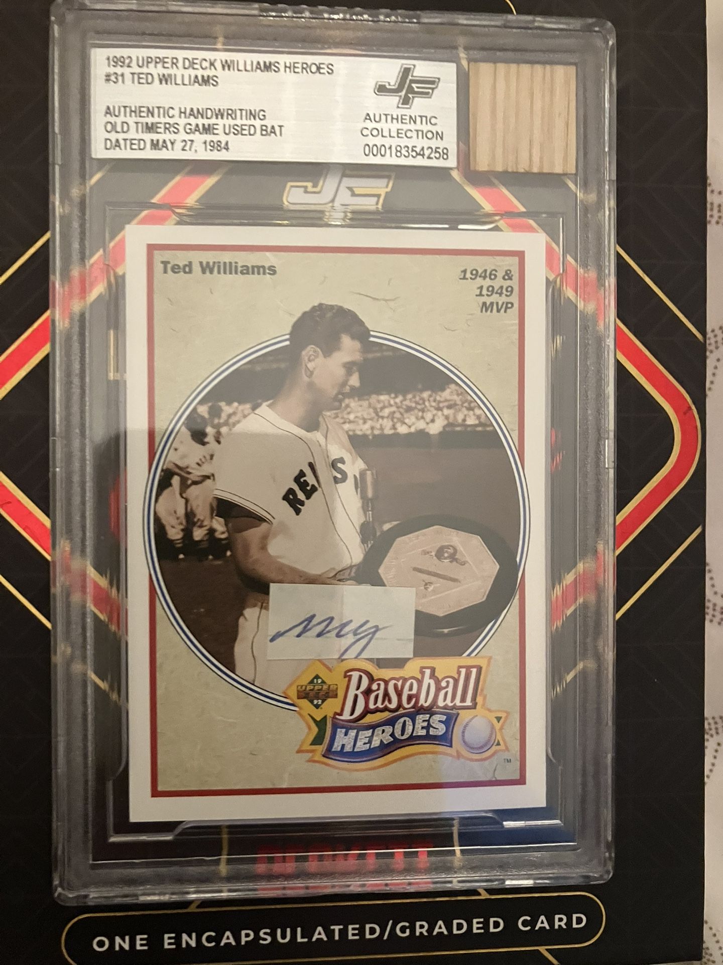 Ted Williams Baseball Card With Piece Of His Gaming Bat
