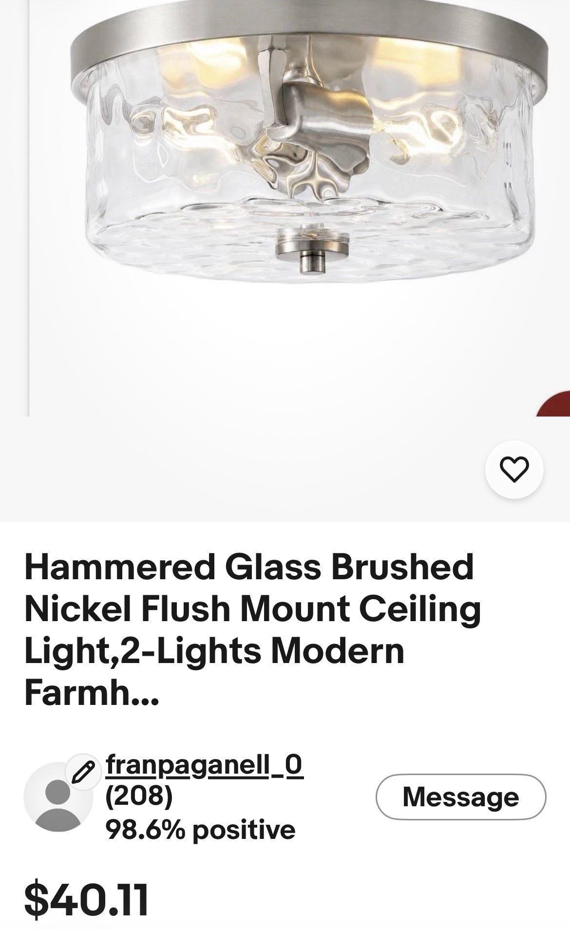 Hammered Glass Brushed Nickel Flush Mount Ceiling Light,2-Lights Modern Farmh...